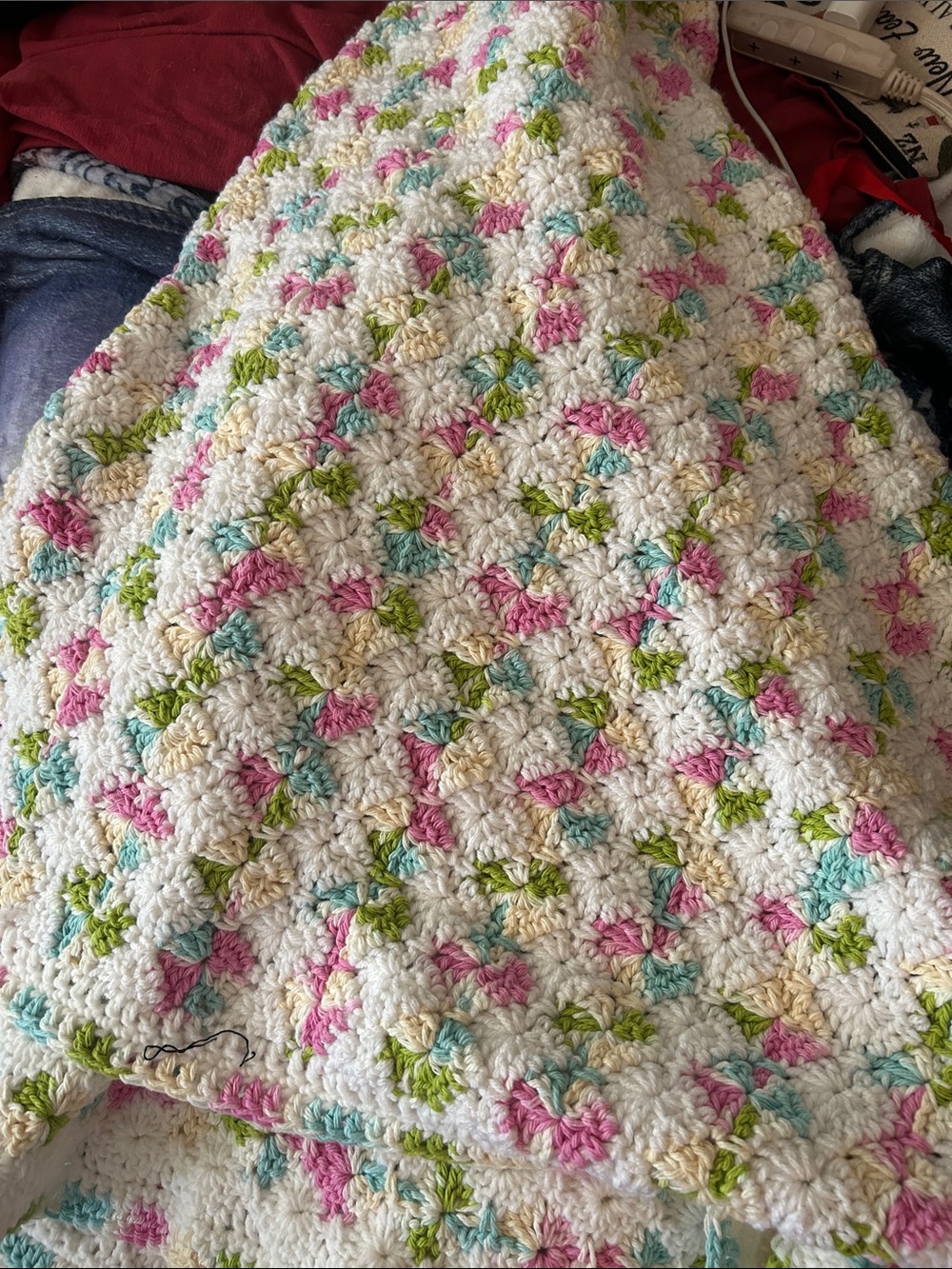 Handmade Crochet Baby Blanket in White with Pastel Pink, Blue, Yellow & Green